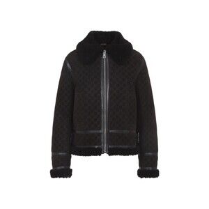 Gucci Black Suede Leather Coat With Lamb Fur Lining And Monogram Pattern - NWT